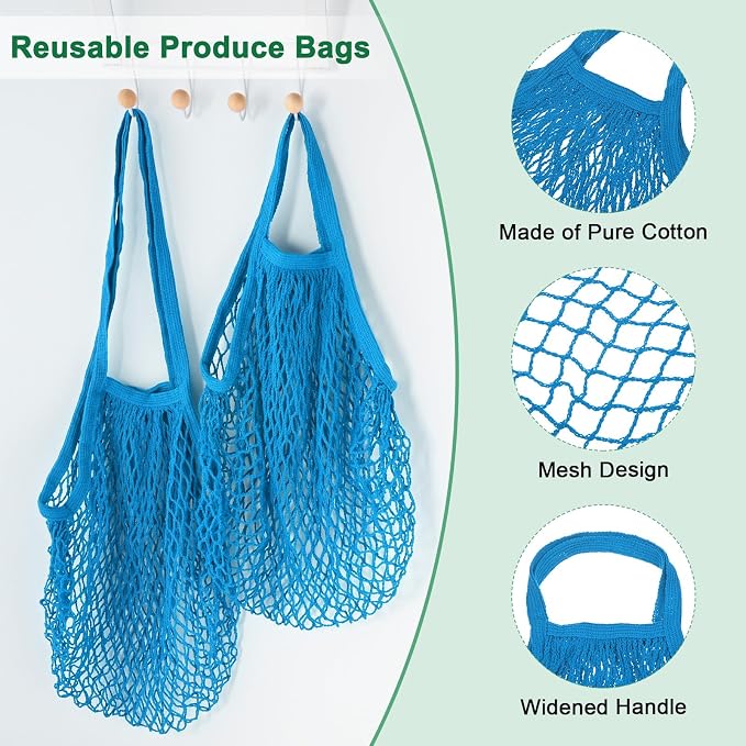 M METERXITY 2-Pack Cotton Mesh Bag, Reusable Washable Mesh Net String Grocery Bags, Reusable Produce Bags with Handle, Net Tote Bag for Fruits/Vegetables Shopping [Blue, Long&Short Handle]
