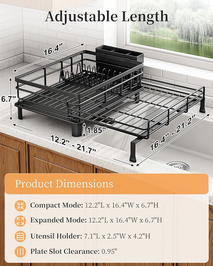 SAYZH Expandable Dish Drying Rack for Kitchen Counter, Metal, Black | Foldable Over Sink, Large Capacity, Rust-Resistant, Adjustable for Most Sinks, Automatic Drainage, Removable Utensil Holder