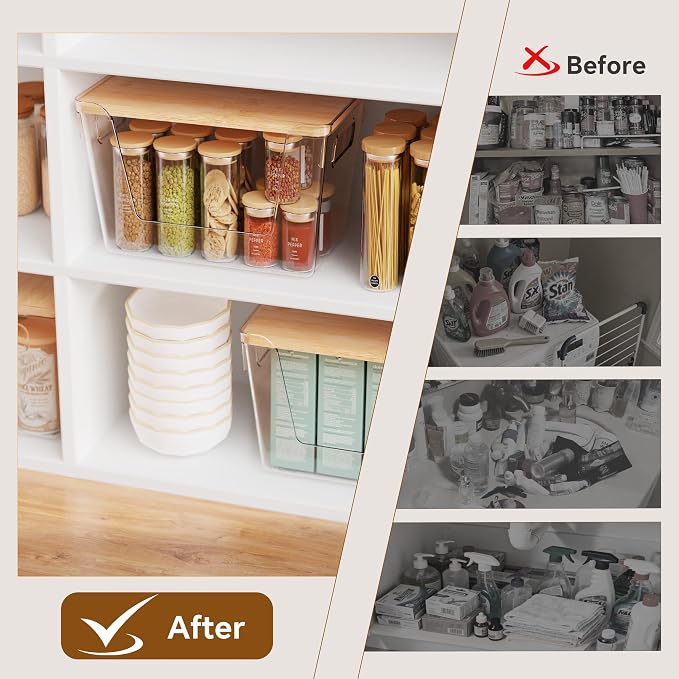 2 Set Pantry Organizers and Storage with Bamboo Lids, Stackable Clear Bins for Onion, Potato, Fruit, Vegetables, Trash Bag Dispenser, Kitchen and Under Sink Organizer