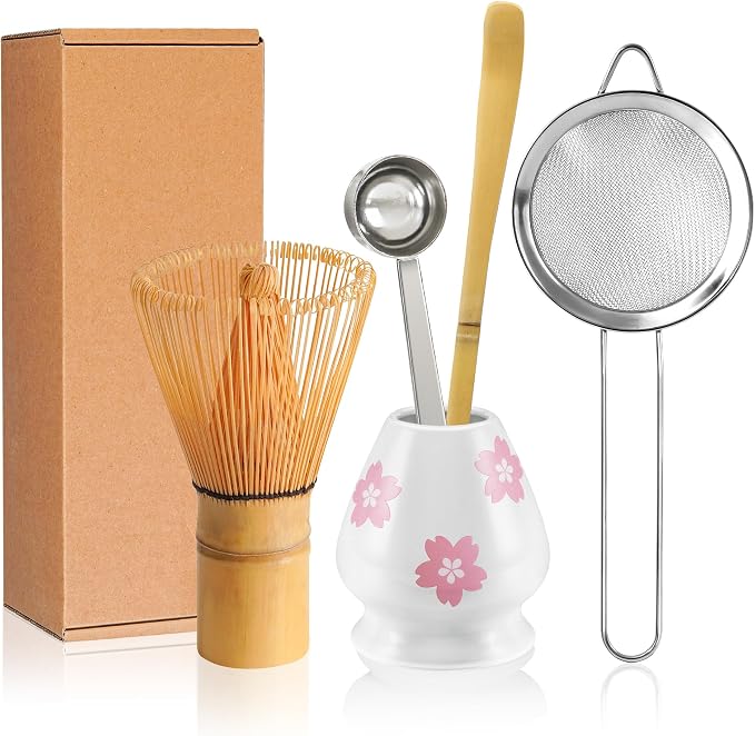 YIBO Matcha Whisk Set, Matcha Making Kit Bamboo Whisk (Chasen), White Ceramic Whisk Holder Stand, Sifter, Scoop Japanese Tea Tools For Ceremony Gift