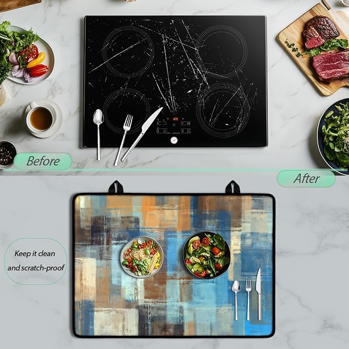 Modern Abstract Art Stove Top Covers for Electric Stove Blue Brown Gradient Painting Geometric Glass Top Gas Stove Pad Heat Resistant Range Cooktop Mat for Kitchen 28"x20"