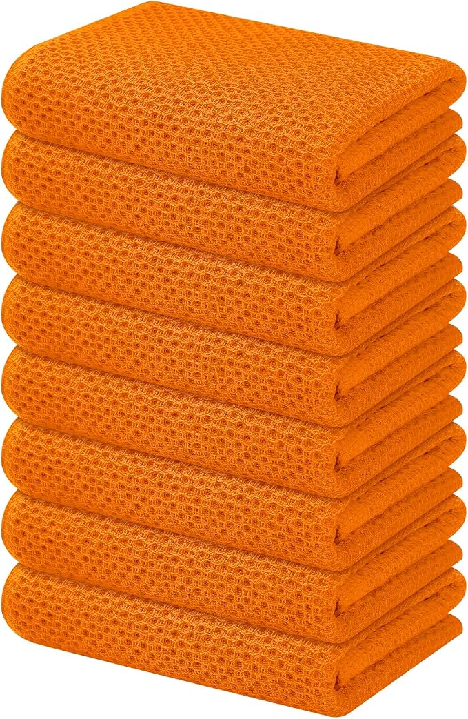 Kitinjoy 100% Cotton Waffle 8-Pack Kitchen Towels, 13" x 28", Orange | Super Soft, Ultra-Absorbent, Fast Drying, lightweight, Quick Drying Kitchen Hand Towels