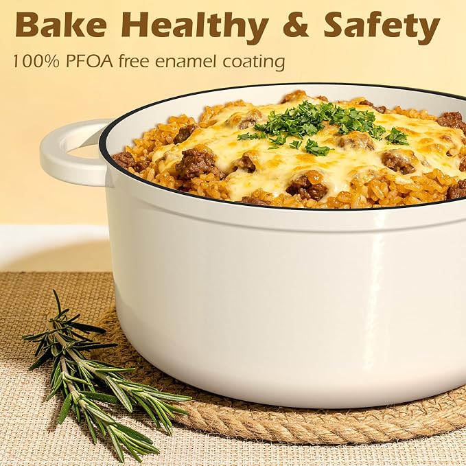 Umite Chef Enameled Cast Iron Dutch Oven-7QT Pot with Lid Cookbook & Cotton, Heavy-Duty Cookware for for Bread Baking, Braising, Stews, Marinate, Cook(Cream White)