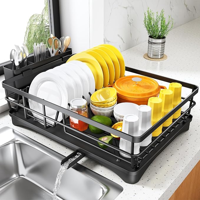 SNTD Dish Drying Rack for Kitchen Counter, 11.8" W x 16.7" L, Black | Rustproof Stainless Steel, Large Capacity, Self-Draining Drainboard, Rotating Spout, Removable Utensil Holder
