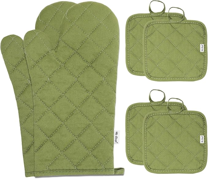 Oven Mitts and Pot Holders Sets,6 Pcs Oven Mitts and Potholders with Recycled Cotton High Heat Resistant Extra Thick Long Oven Mitts for Cooking(Green)