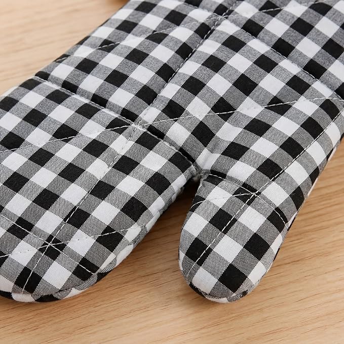 Twistover Checkered Oven Mitts 2-Pack Set, Cotton Gloves,Black | 13.5x6.5 Inch Size with Ruffle Trim, Non-slip Heat Resistant for Baking BBQ Microwave, Plaid Cotton for Cooking