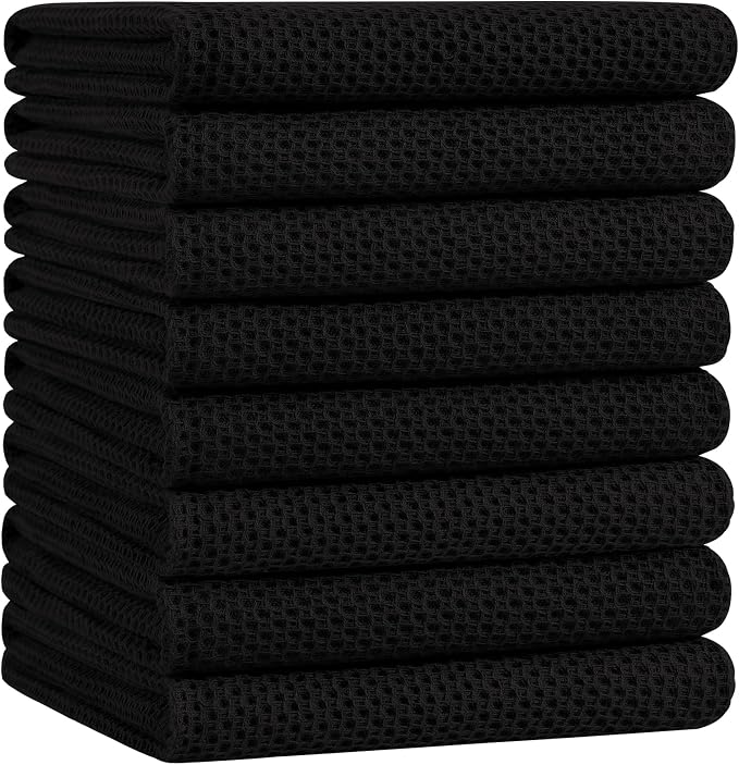 Homaxy 100% Cotton Oversized Waffle Weave Kitchen Towels 8-Pack, Black | 20 x 28 Inches, Ultra Soft Absorbent Dish Towels, Quick Drying Large Cleaning Towels