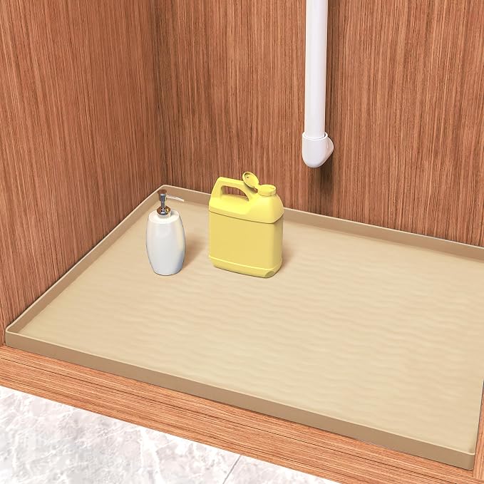 URMONA Waterproof Silicone Under Sink Mat 31'' x 22'' Shelf Liner for Kitchen and Bathroom, Cabinet and Counter Protector, Storage and Organizers, Litter Mat, Pet Cat Puppy Essentials(Khaki)