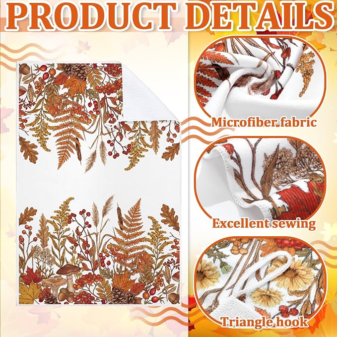 4 Pcs Fall Flower Kitchen Towels, Dark Orange Dish Towels Gift | Fast Drying Absorbent Dishcloths with Hanging Loop for Cleaning Cooking, Farmhouse Autumn Kitchen Decor Housewarming Gift