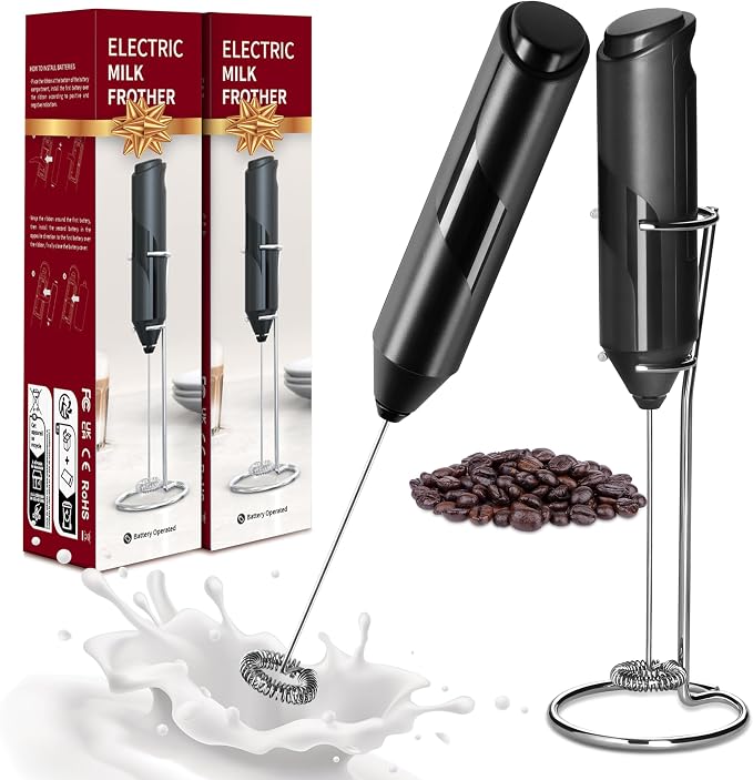 YSSOA Electric Milk Frother Handheld with Stainless Steel Stand Battery Operated Whisk Drink Mixer for Coffee, Frappe, Latte, Matcha, Hot Chocolate, Mini Hand Blender