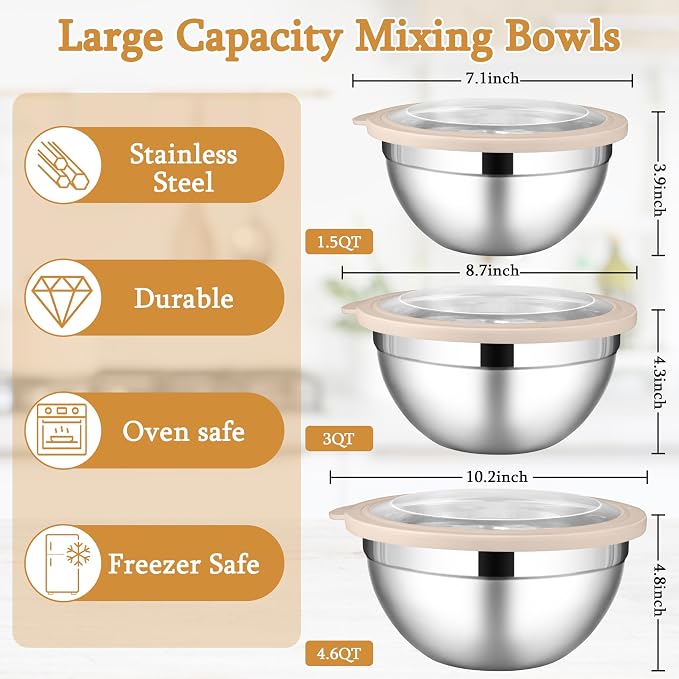 LIANYU Mixing Bowls with Visible Lids, 3Pcs Stainless Steel Kitchen Bowl | Large Metal Nesting Bowls Set, 4.6 & 3 & 1.5QT Size, with Airtight Lids, Ideal for Baking, Serving, Dishwasher Safe, Khaki