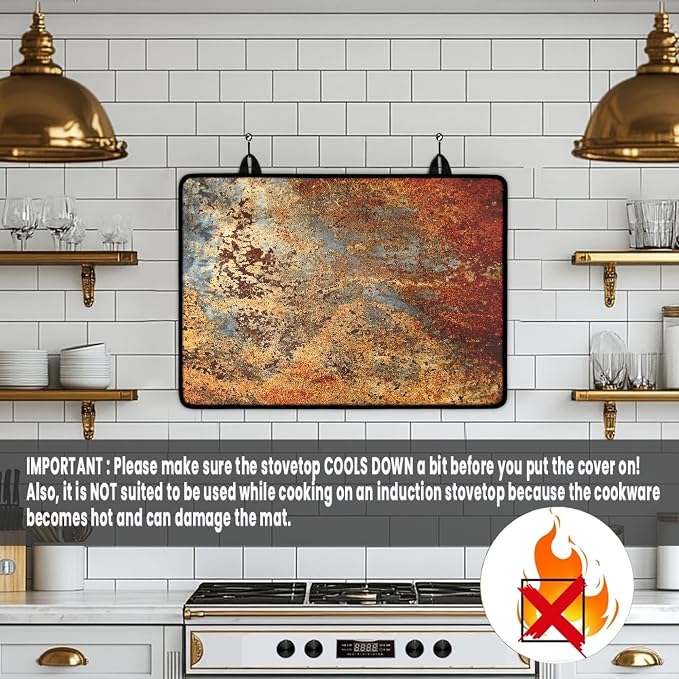 Brown Rust Metal Stove Top Covers for Electric Stove Gold Rusty Cinnamon Copper Bronze Metallic Glass Top Gas Stove Pad Heat Resistant Range Cooktop Mat for Kitchen 28"x20"