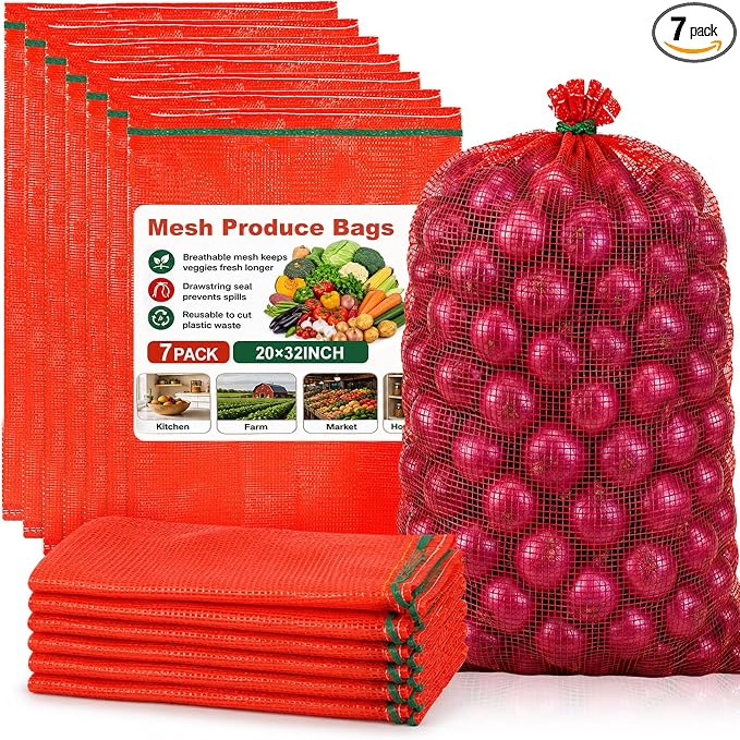Sukh 7 PCS Large Mesh Onion Bags - 60 lb Capacity Mesh Storage Produce Bags | Hanging Reusable Breathable Vegetable Net Sacks with Drawstring for Onions, Potatoes, Citrus and Crawfish, 20 x 32 Inch, Red