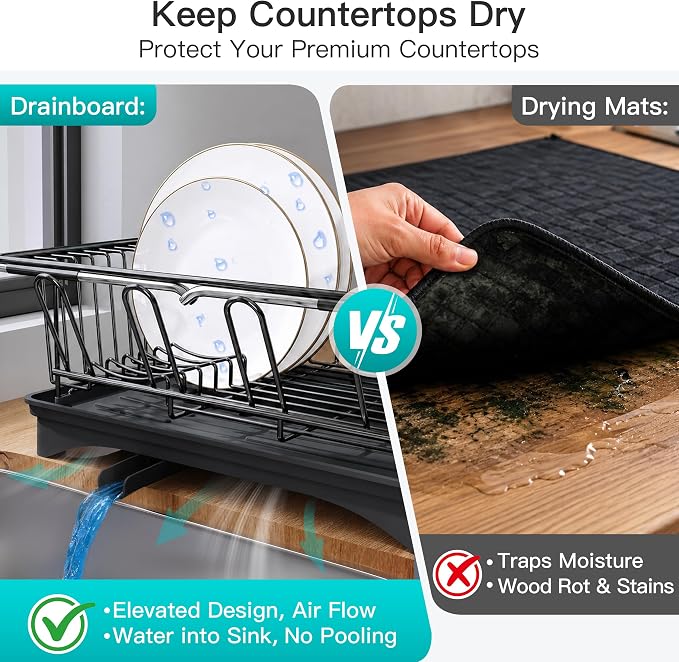 JASIWAY Black Dish Drying Rack in Sink with Drainboard and Utensil Holder | Use Over the Sink or Counter, Stainless Steel Expandable Dish Drainer for Small Kitchen, Space Saving, Fast Drain, Rustproof