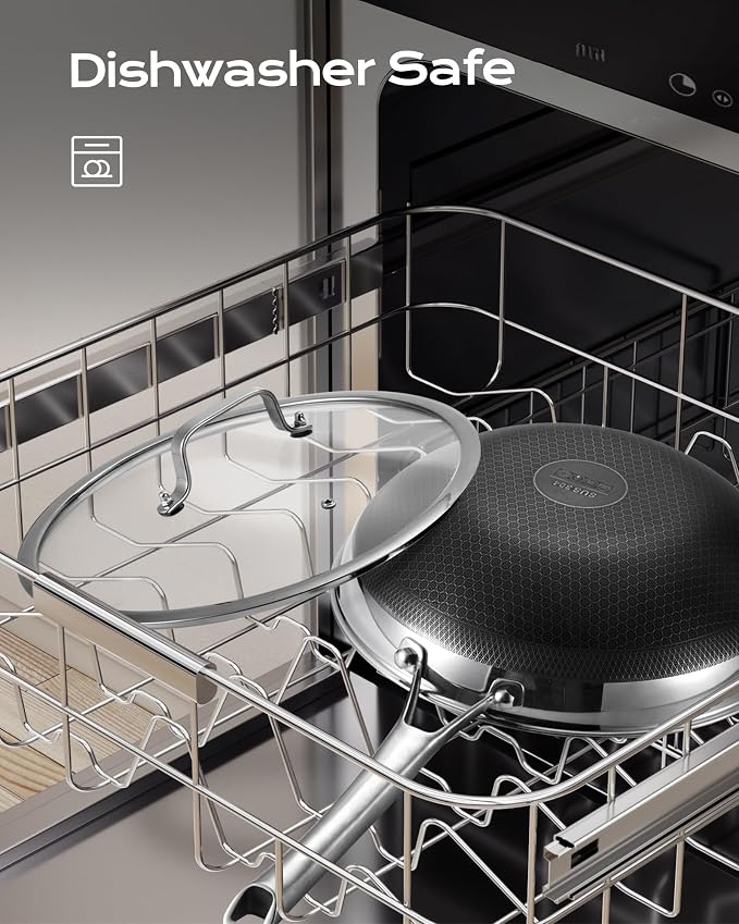 FGJ Wok pan,12 inch Hybrid Wok with Lid,PFOA Free Cookware,Non Stick Stainless Steel Woks & Stir-fry pans Nonstick, Dishwasher and Oven Safe, Works on Induction