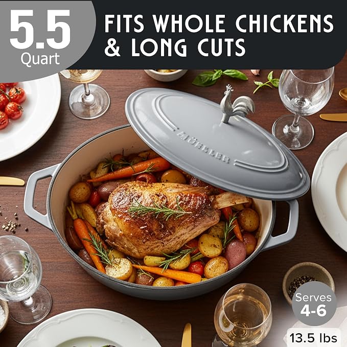 MUELLER HOME 5.5 Quart Enameled Cast Iron Oval Dutch Oven with Rooster Knob & Cotton Potholders, Heavy-Duty Cookware, Oven-Safe up to 500° F & Across All Cooktops, Gifts for Grandma & Women, Gray | Rooster Knob, Cotton Potholders Included, Oven-Safe up...