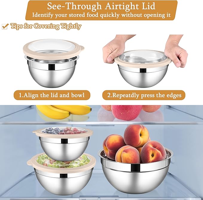 LIANYU Mixing Bowls with Visible Lids, 3Pcs Stainless Steel Kitchen Bowl | Large Metal Nesting Bowls Set, 4.6 & 3 & 1.5QT Size, with Airtight Lids, Ideal for Baking, Serving, Dishwasher Safe, Khaki