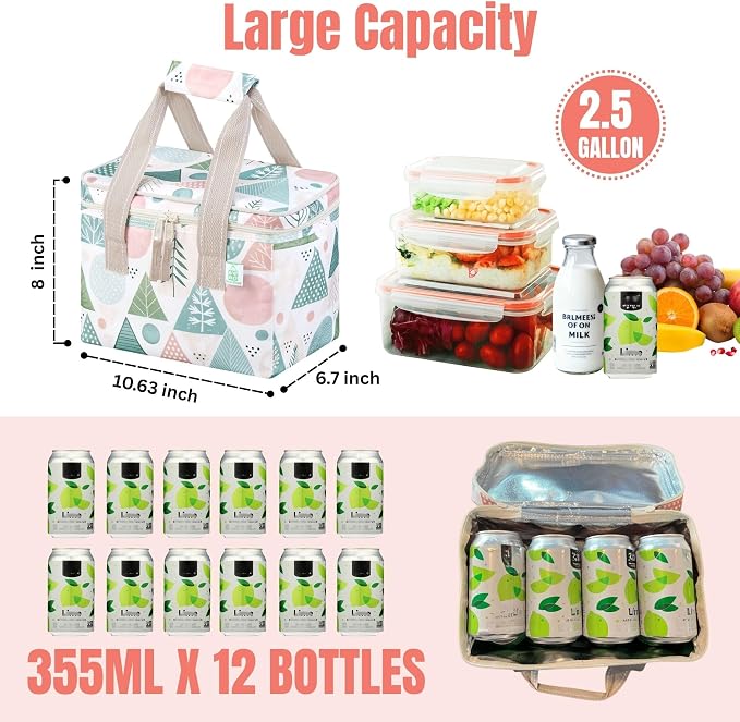 VENO 2 Pack Small Cooler Insulated Lunch Bag Reusable Grocery Shopping Bag | Collapsible Lunch Box Tote for Women Men w/ Handles, Dual Zippers, 9L Capacity for Work Office Picnic Beach (Pastel Forest)