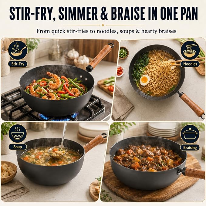 4 Qt Nitrided Carbon Steel Deep Wok with Lid, Flat Bottom | Deep 4 Qt nitrided steel for braising, soups, noodles and one-pot meals; wooden handle; gas, electric and induction ready.