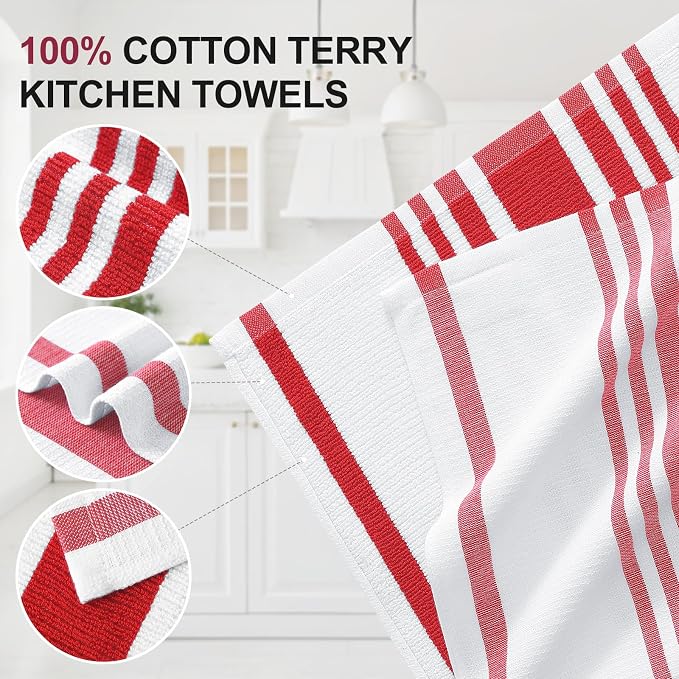 Homaxy Premium Cotton Stripe Kitchen Towels 3 Pack, 18"x 28", Red | Large 380 GSM Kitchen Hand Towels, Soft Terry Dish Towels, Highly Absorbent Tea Towel Set with Hanging Loop