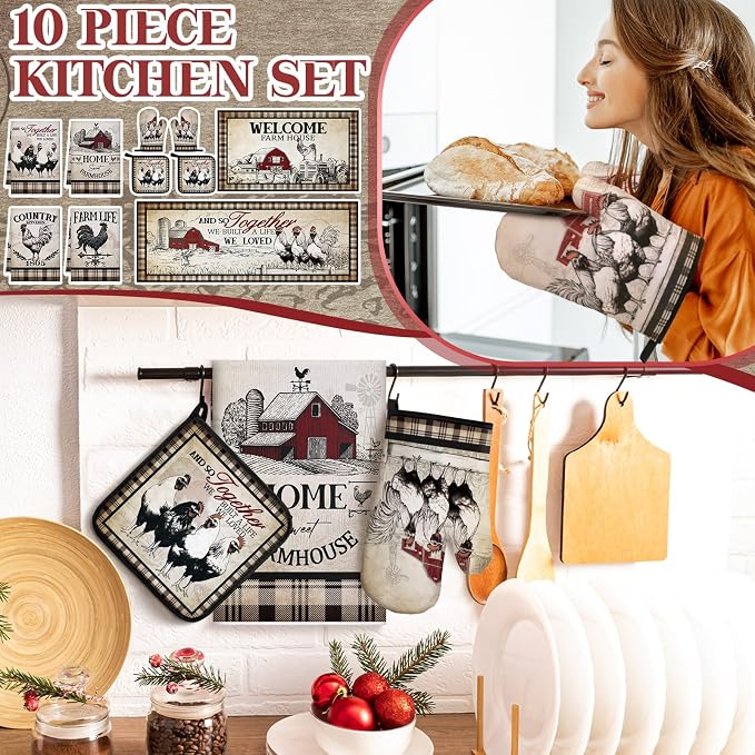 Fourluoo 10 Pcs Barn Chicken Kitchen Dish Towels Rugs Oven Mitts and Pot Holders Set Farmhouse Kitchen Decor Set for Women Mom Daughter Gift Cooking Baking Grilling (Retro Color)