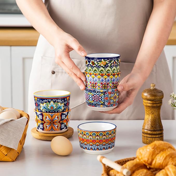 vancasso 6 Oz Ramekins Oven Safe Set of 6, Ceramic Baking Souffle Dishes | Bohemian Ramekins for Creme Brulee, Souffle, Custard, Pudding, Small Bowls for Dipping Sauce, Ice Cream