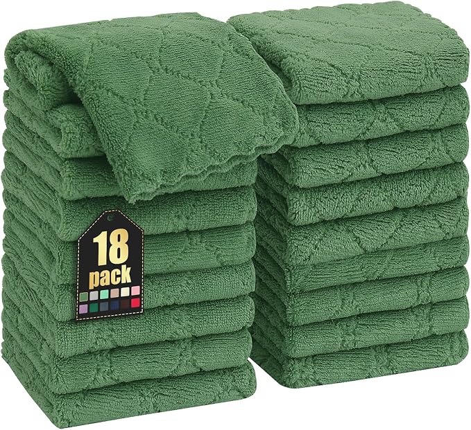 Homaxy 18 Pack Super Soft Absorbent Dish Cloths, 10" x 10", Grass Green | Coral Velvet, Nonstick Oil Fast Drying Microfiber Cleaning Cloth, No Lint Household Dishcloths