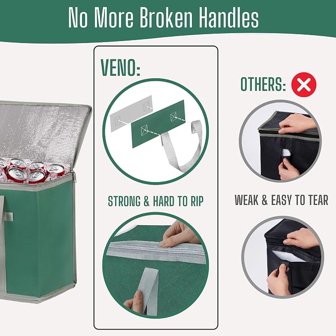 VENO 3 Pack Cooler Bag Insulated Grocery Bags for Food Delivery Heavy Duty | Large Collapsible Cooler, Reusable Shopping Tote with Zippers, Foldable, Stands Upright, for Picnic Camping (Green, 3 Pack)