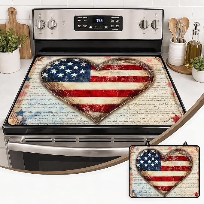 Patriotic Electric Stove Top Cover | Heat Resistant Glass Cooktop Protector for Kitchen Ceramic Countertops, Multiuse Stove Cover and Dish Drying Mat