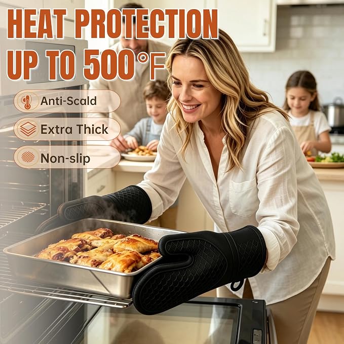 Silicone Oven Mitts 500°F Heat Resistant BBQ Gloves 2-Pack Black | 500°F heat resistance, non-slip honeycomb grip, waterproof & washable, extra long wrist guard, 2-piece set