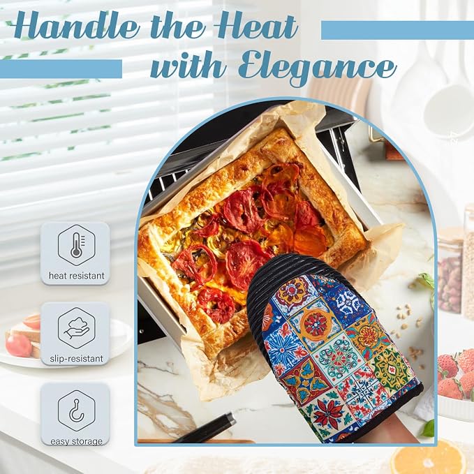 Ribbed Mini Oven Mitts 2-Pack Set, 5.5"x8.5", Boho Printed, Heavy Duty Cotton, Non-Slip Heat Resistant Soft Silicone Oven Mitts with Hanging Loop for Cooking Kitchen Decor