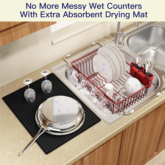 Red Dish Drying Rack Over The Sink with Utensil Holder, Mat | Expandable Stainless Steel Dish Drainer for Small Kitchen, Apartment, RV, Counter Space Saving, Perfect Fit, Rustproof