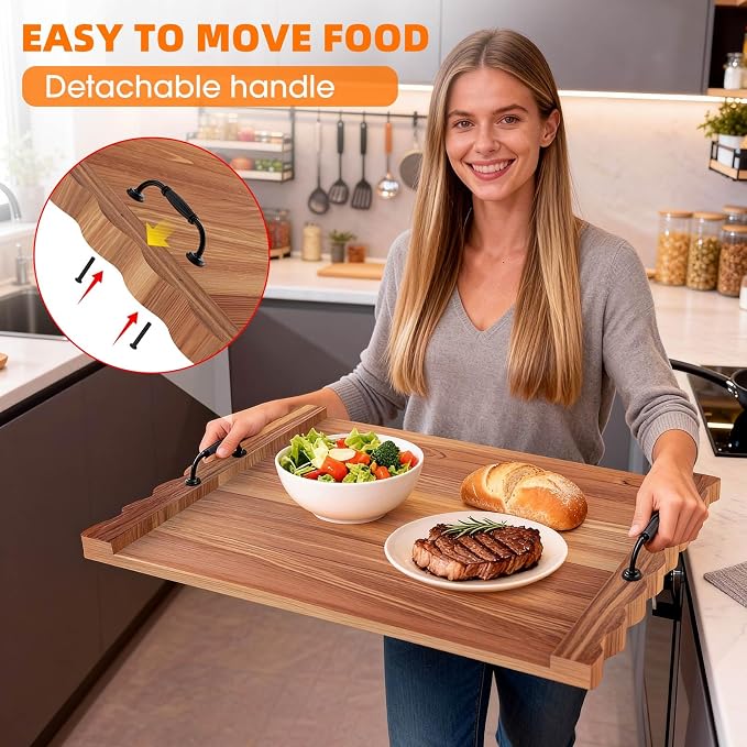 Latest wave-patterned wooden stove top cover, stylish pine panel stove top cover,suitable for gas stoves with 4 and 5 burners, food tray, kitchen stove tray. (Dark wood color)