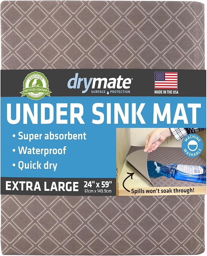 Drymate Premium XL Under Sink Mat, Waterproof Cabinet Protection Mats for Kitchen & Bathroom, Absorbent Shelf Liners, Slip-Resistant, Non-Adhesive, Machine Washable (USA Made)(24”x59”)(Taupe)
