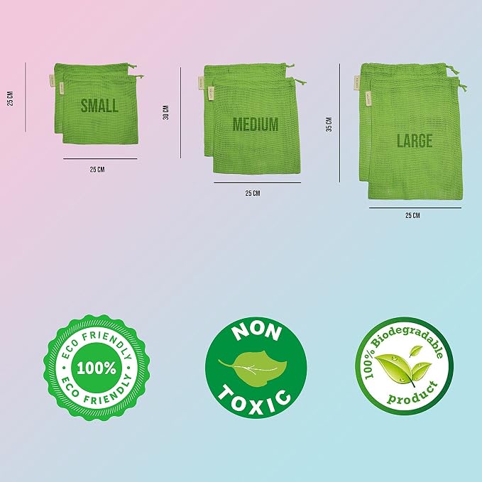 100% Cotton Set of 6 Fridge Bag | Eco-Friendly Natural Vegetables Bags for Fridge Storage & mesh net Vegetable Bag Fridge | Multi-Purpose Eco-Friendly Cotton mesh Bag (Neem Green)