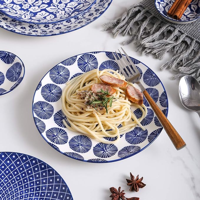 Selamica 10 inch Porcelain Dinner Plates, Large Size Ceramic Plates for Salad, Pancakes, Scratch Resistant, Microwave, Oven and Dishwasher Safe Plates Set of 6, Vintage Blue