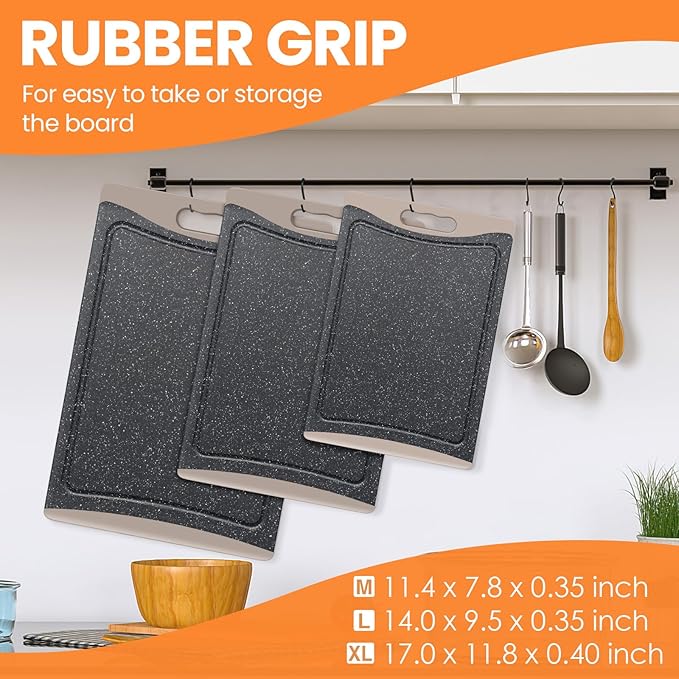 Extra Large Cutting Boards, Plastic Cutting Boards for Kitchen (Set of 3) Cutting Board Set Dishwasher Chopping Board with Juice Grooves Easy-Grip Handles, Almond Gray, Empune
