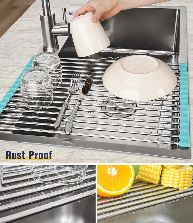 Tomorotec Roll Up Dish Drying Rack Over Sink, 304 Steel, 17.7x12.5, Green | Anti-Slip Silicone Rims For Grip, Heat-Resistant Trivet Mat Holding Heavy Cookware, Rustproof Kitchen Counter Space Saver