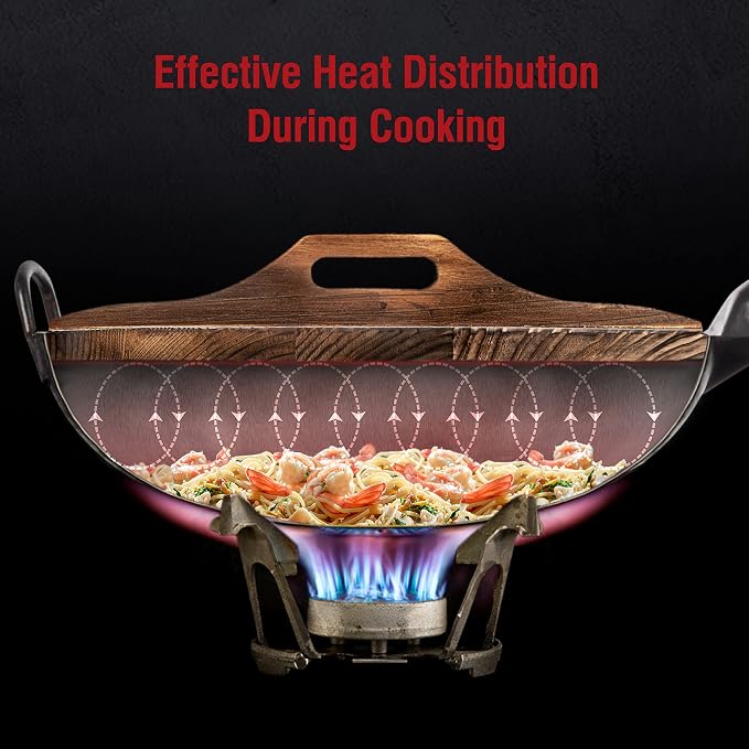 YOSUKATA Carbon Steel Wok Pan 14 in + Premium Wok Cover 14 inch Pan Lid - Wooden Lid 14 in with Ergonomic Handle