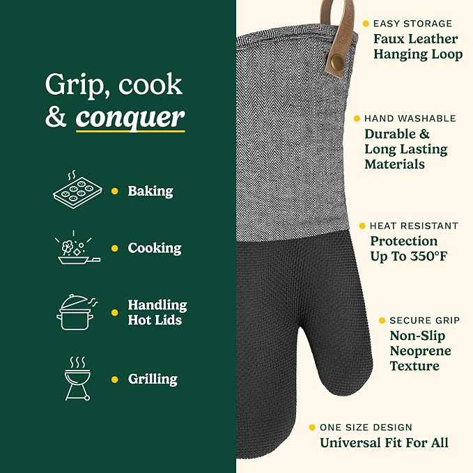 Cuisinart Heritage Kitchen Oven Mitts, Heat-Resistant, 2-Pack, 7"x13" | Non-slip neoprene palm grips up to 350°F, long cuff shields forearms, hang loop for storage, handles cast iron and grilling