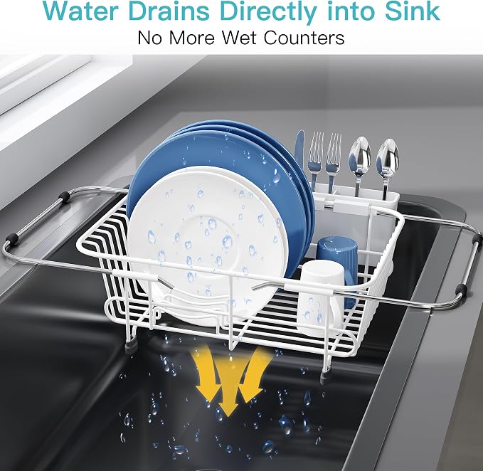 JASIWAY White Dish Drying Rack in Sink with Utensil Holder, RV, Apartment | Over Sink Expandable Stainless Steel Dish Drainers for Compact Kitchen, Space Saving, Fast Drain, Rustproof, For 1-2 people