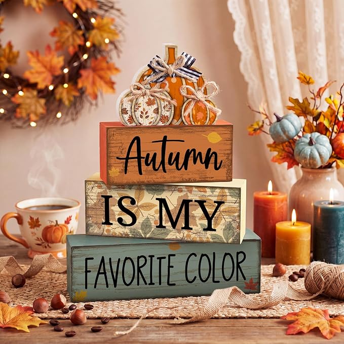 Lineshading 4 Pcs Fall Block Signs with Pumpkin Autumn Farmhouse Decor | Stackable Wooden Signs for Tiered Tray, Rustic Pumpkin Centerpiece, Thanksgiving Harvest Decorations, Autumn Gift Set
