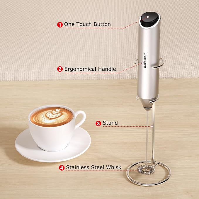 Bonsenkitchen Milk Frother with Stand for Coffee, Battery Operated Frother | Fast Handheld Drink Mixer with Stainless Steel Whisk, Powerful Hand Frother, Creates Rich Foam, Silver