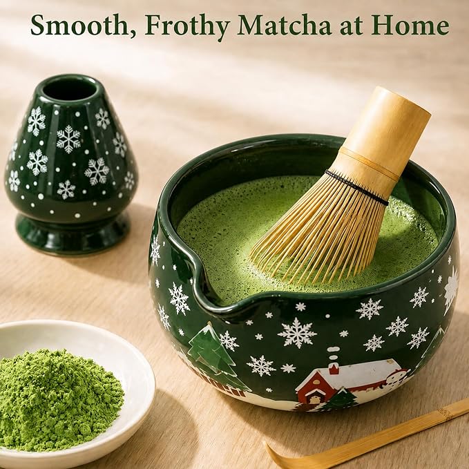 Matcha Whisk Set, Ceramic Matcha Set Includes Bowl & Holder, Bamboo Whisk (Chasen), Scoop, Spoon and Sifter, 6Pcs Matcha Kit Covers Everything Needed for Making Matcha