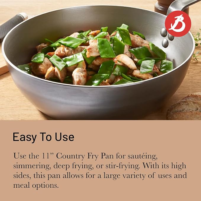 de Buyer MINERAL B Carbon Steel Country Fry Pan - 11” Diameter, 7.7” Cooking Surface - Ideal for Sauteing, Simmering, Deep Frying & Stir Frying - Naturally Non-Stick Finish - Made in France