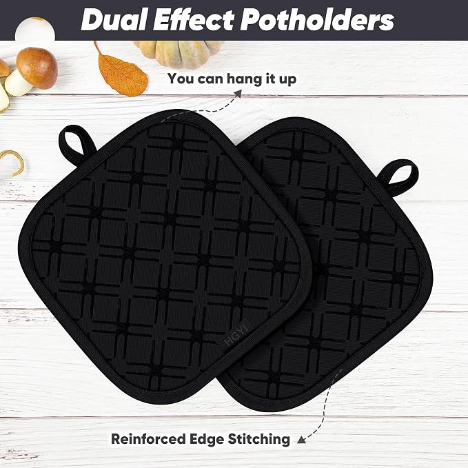 Oven Mitts and Pot Holders Set with Dishcloths, 500 Degree Heat Resistant Oven Gloves and Hot Pads, Premium Soft Cotton Kitchen Mittens and Dish Cloth Sets-Black