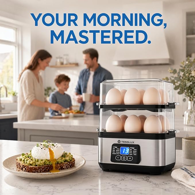 Tesslux Egg Cooker, Dual Layer 12 Egg Boiler, Soft Hard Poached, Silver | LED Countdown Timer, Touch Control, Poaching Bowl, Omelet Maker, Two Trays, Vegetable Steamer, Auto Shut-Off, Buzzer Alert