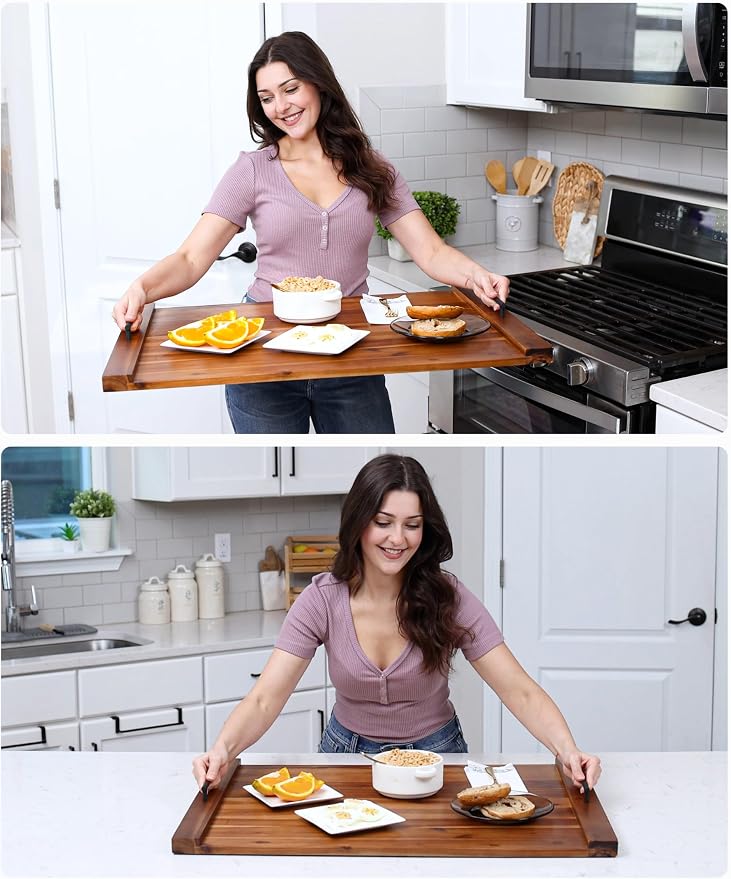 TIDITA 30"Lx22"W Acacia Stove Top Covers for Electric Stove, Metal Handles | Acacia Wood, Metal Handles, Non-Skid Pads, Easy Assembly, Wooden Noodle Board for Gas Stovetop, Gas Stove Cover, Multi-Use
