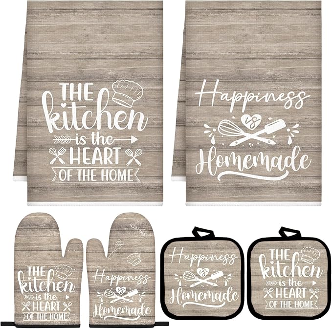 Sratte 6 Pcs Kitchen Decor Accessories Set, Kitchen, Brown Wood Grain | Farmhouse Kitchen Towels Pot Holders Oven Mitts Set 2 Dish Towels 2 Potholders 2 Cooking Mittens for Baking Cooking Supply
