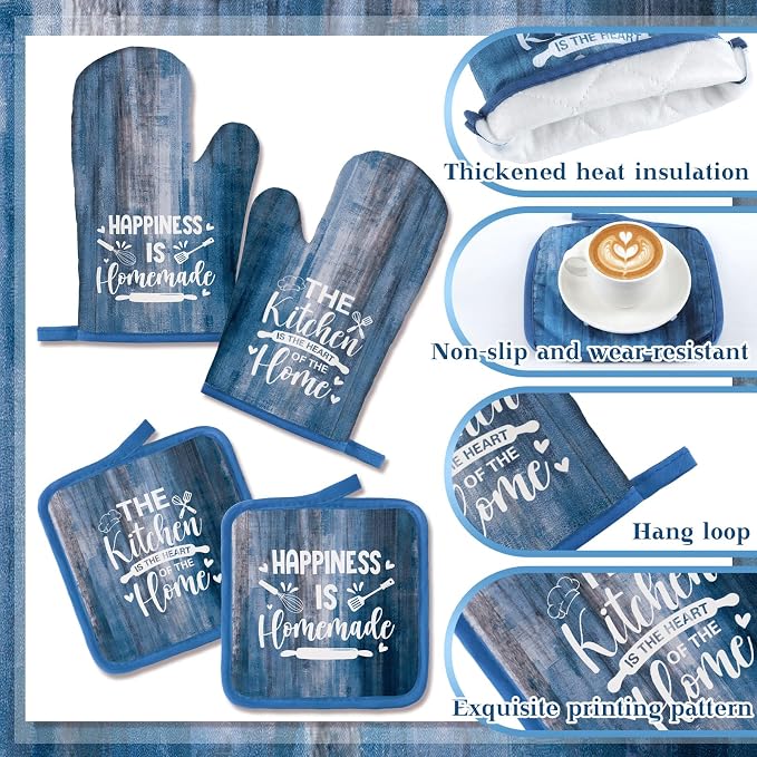 Leinuosen 8 Pcs Farmhouse Kitchen Decor Towels and Oven Mitts Sets Pot Holders Dishcloths Set Kitchen Decorative Accessories Absorbent Potholders Heat Resistant for Chef Baking Cooking